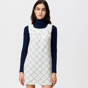 Anthropologie Maeve Off White & Blue Grid Mini Pinafore School Girl Dress Sz 4